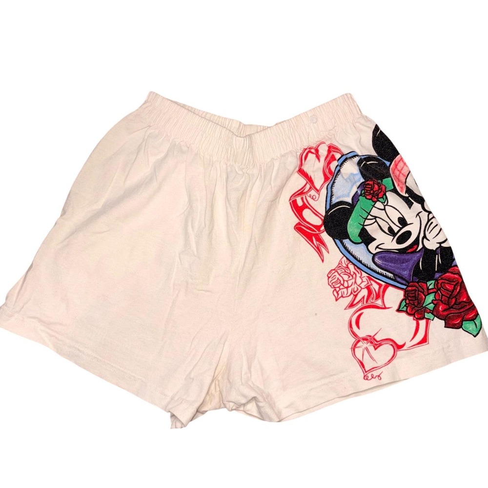 Vintage Mickey Minnie Mouse Shorts Disney Hearts Roses Y2K White Graphic Small